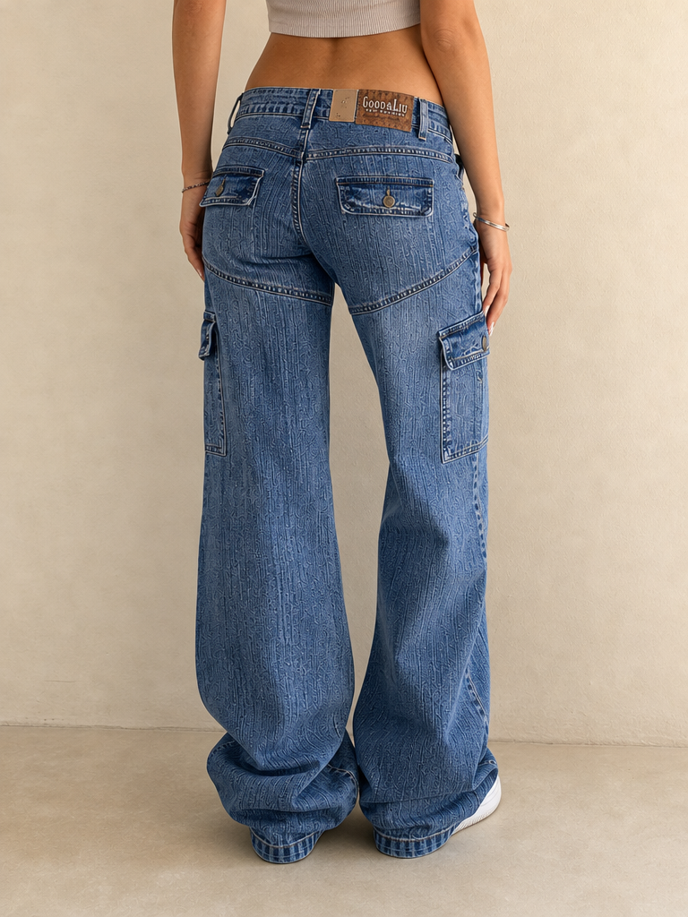 Denim Jeans Good & Liu Blu Baggy Fit Low Waist Flare Vintage Y2K Donna - indossata retro