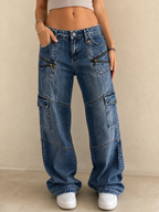 Denim Jeans Good & Liu Blu Baggy Fit Low Waist Flare Vintage Y2K Donna - indossata fronte