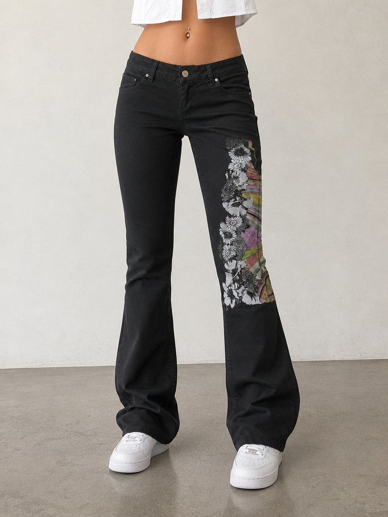 Pantaloni Pants Just Cavalli BootCut Flare Fit Low Waist Printed Japan Style Vintage Y2K Donna (S) - indossata fronte