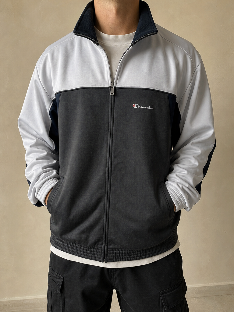 Felpa Champion Zip Bicolore Vintage Y2K Uomo (M) - indossata fronte