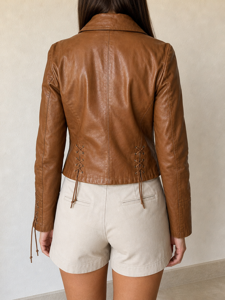 Giacca pelle vera Motivi IT42 marrone Jacket Real Leather Vintage Y2K Donna (42) — foto posteriore indossata
