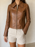 Giacca pelle vera Motivi IT42 marrone Jacket Real Leather Vintage Y2K Donna (42) — foto frontale indossata