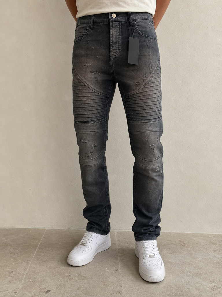 Denim Jeans Biker Skinny Fit Washed Vintage Y2K Uomo (S) - indossata fronte