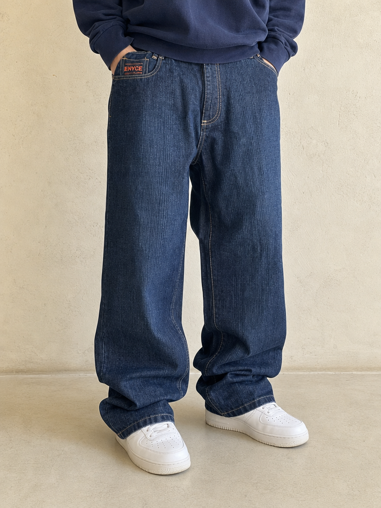 Enyce Denim Jeans Blu Wash Baggy Fit Vintage Y2K Uomo (XL) - indossata fronte