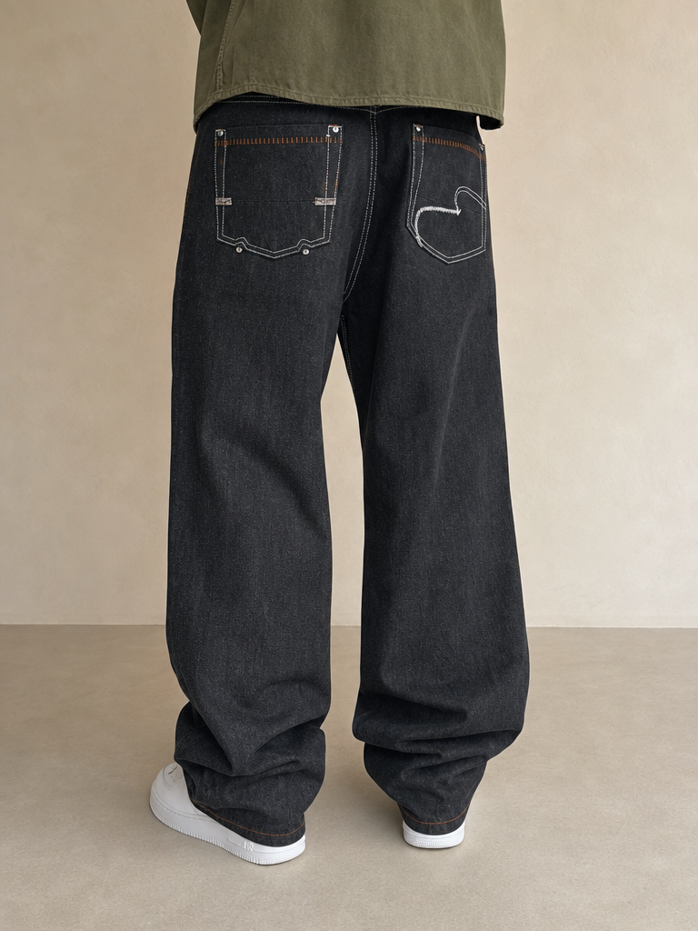 Denim Black Jeans Embroidered Enyce Baggy Fit Vintage Y2K Uomo (XL) - indossata retro