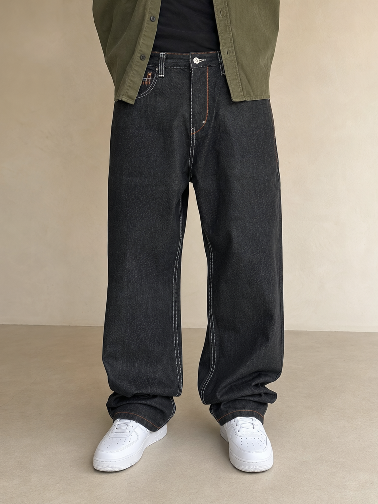 Denim Black Jeans Embroidered Enyce Baggy Fit Vintage Y2K Uomo (XL) - indossata fronte