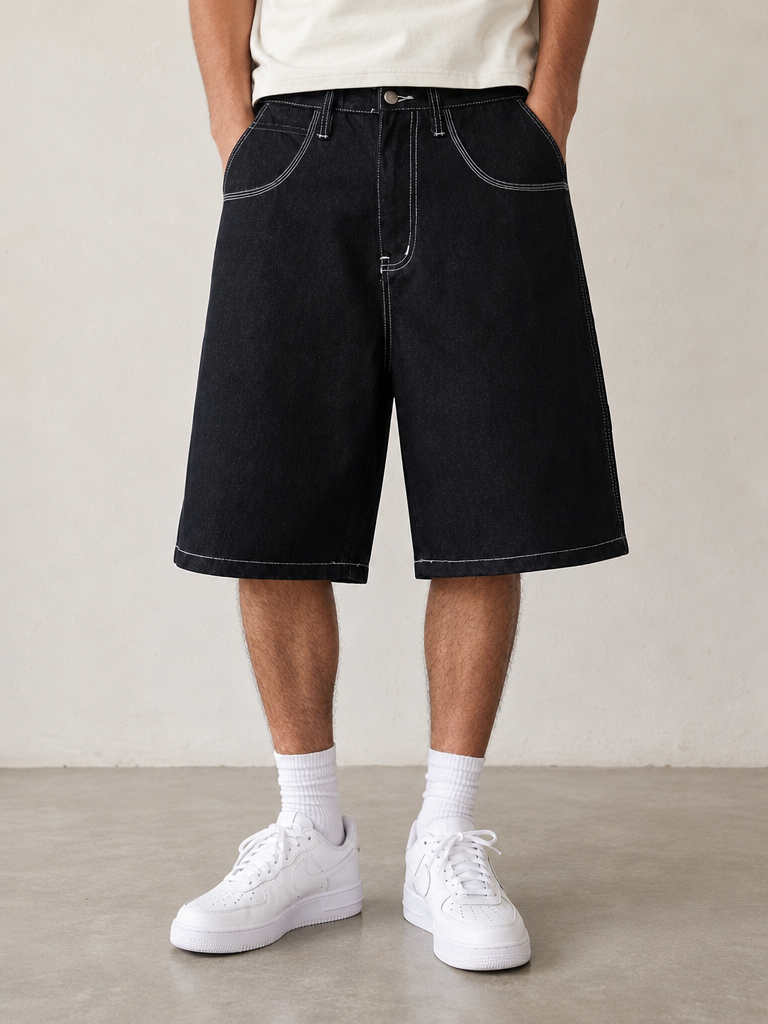 Jeans Denim Rap Jorts Sean John Black Denim Shorts Baggy Fit 90s 2000s American Style Hip-Hop Vintage Y2K Uomo (S) — foto frontale indossata