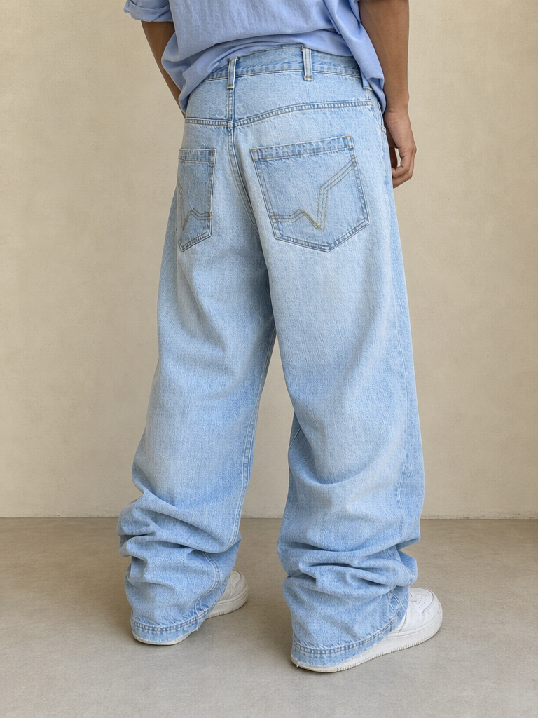 Jeans Denim Denim FishBone Super Baggy Fit Light Blue Embroidered Sfrangiato Vintage Y2K Uomo (S) - indossata retro