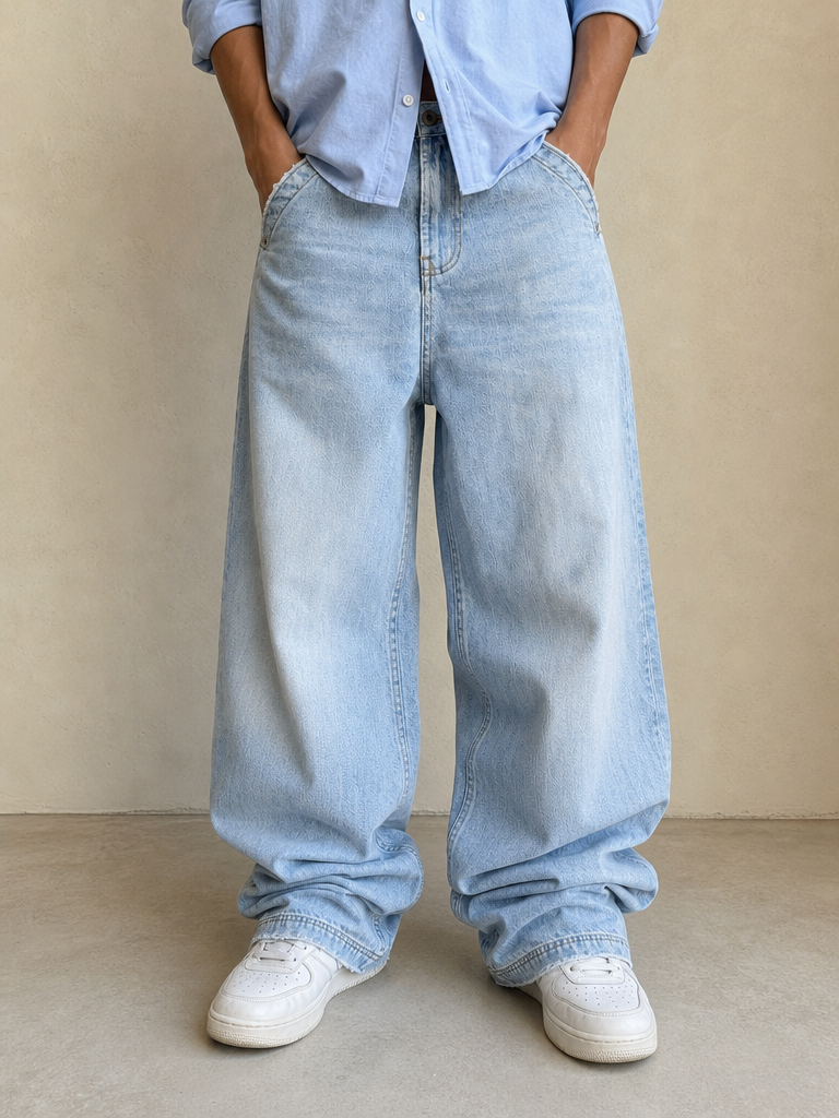 Jeans Denim Denim FishBone Super Baggy Fit Light Blue Embroidered Sfrangiato Vintage Y2K Uomo (S) - indossata fronte