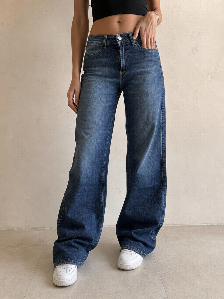 Denim Jeans Bootcut Washed Baggy Fit Vintage Y2K Donna (S) - indossata fronte
