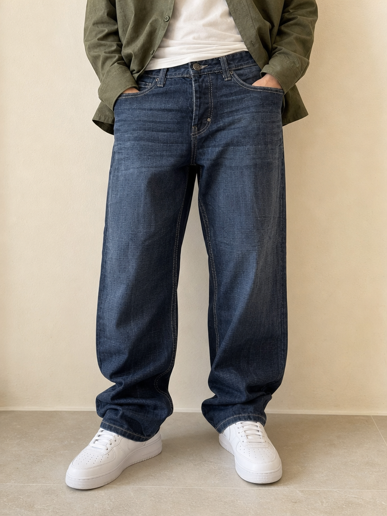 Jeans a gamba ampia Jack & Jones blu scuro slavato Vintage Y2K Uomo (L) - indossata fronte