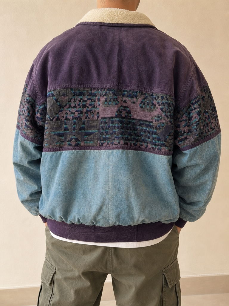 Giacca Real Leather Jacket Bomber - Multicolor Shearling in Vera Pelle Boxy Fit Oversize Vintage Y2K Uomo (XL) — foto posteriore indossata