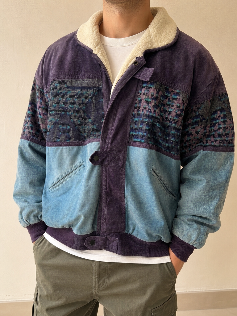 Giacca Real Leather Jacket Bomber - Multicolor Shearling in Vera Pelle Boxy Fit Oversize Vintage Y2K Uomo (XL) — foto frontale indossata