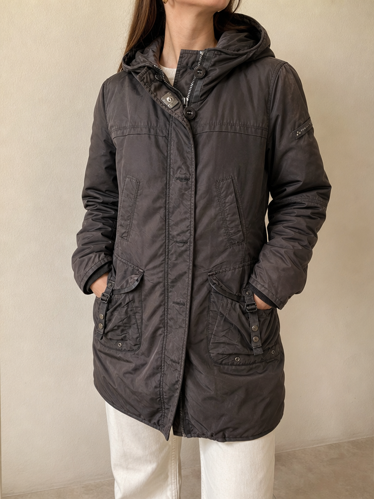 Giacca Cappotto Bomber Lungo Peuterey 90s 2000s American Style Hip Hop Rave Vintage Y2K Donna (S) - indossata fronte