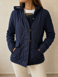 Woolrich Giacca Donna Blu Scuro Cappuccio Bottoni Cerniera Vintage Y2K - indossata fronte