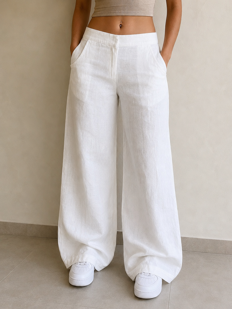 Linen Pants Baggy Fit White Low Waist - Pantaloni in Lino Super Baggy Vita Bassa Vintage Y2K Donna - indossata fronte