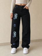 Jeans Denim Denim Japanese Style Printed Dragon Vintage Y2K Donna (S) - indossata fronte