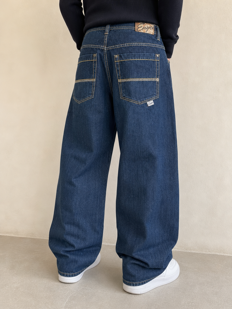 Denim Jeans Baggy Fit Blu Washed Vintage Y2K Uomo (XL) - indossata retro