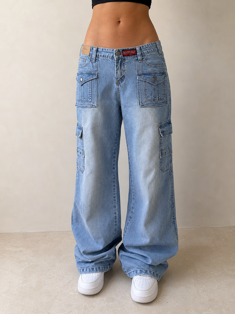 South Blo Denim Jeans Flare Low Waist "Cargo" Light Blue Vintage Y2K Donna - indossata fronte