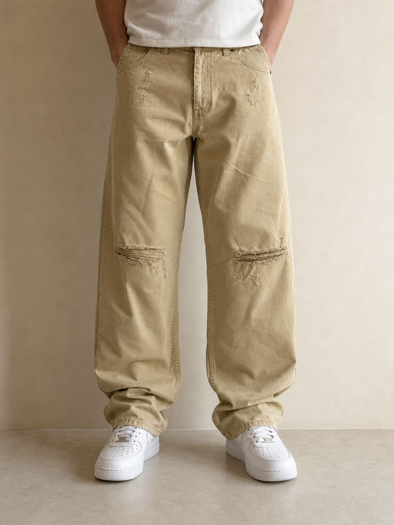 Denim Jeans Beige Baggy Fit Jeans Vintage Y2K Uomo (L) - indossata fronte