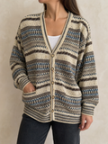 Maglione Maglieria Cardigan Malagrida Beige Righe Bottoni Tasche Vintage Y2K Donna (M) - indossata fronte