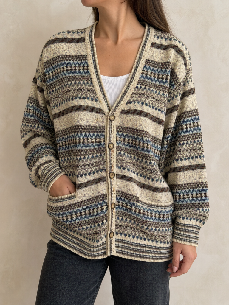 Maglione Maglieria Cardigan Malagrida Beige Righe Bottoni Tasche Vintage Y2K Donna (M) - indossata fronte
