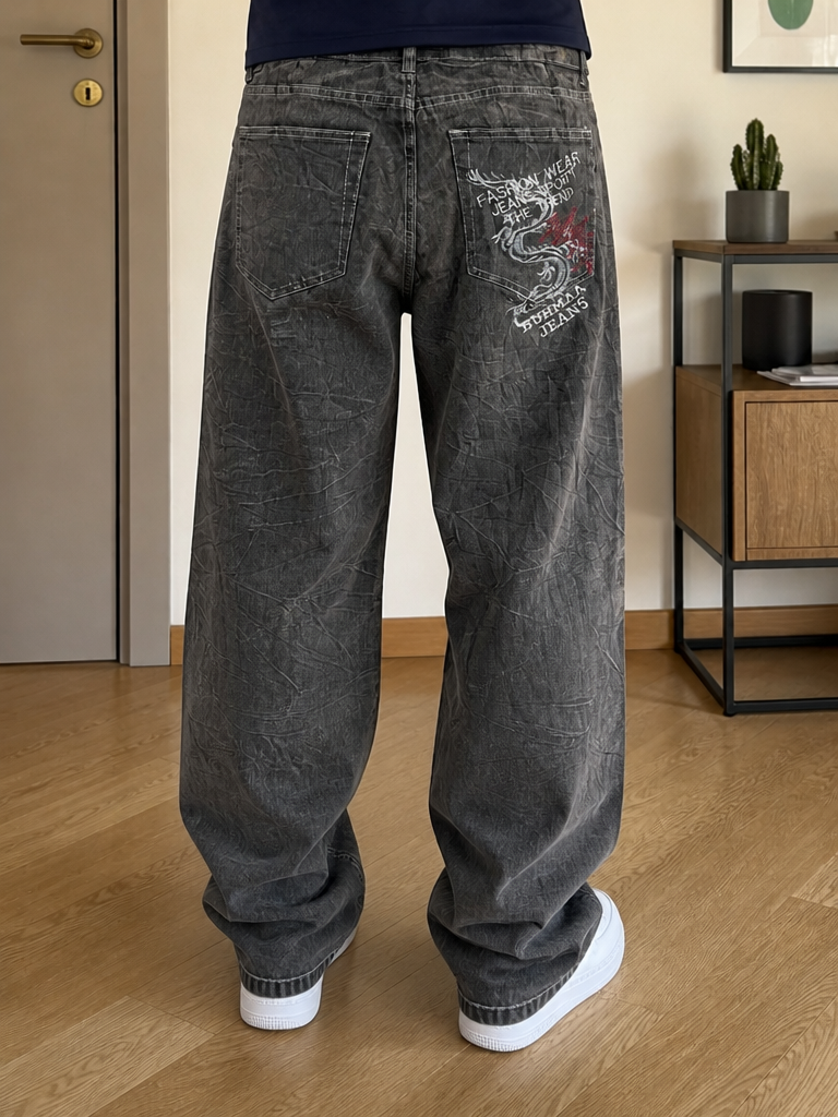 Jeans Grigio Scuro Ricamo Drago Vintage Y2K (41) — foto 1