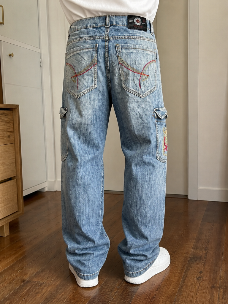 Jeans Cargo Cygress Blu Denim Lavato Tasche Applicate Vintage Y2K (2L) — foto 1