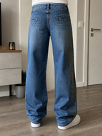 Jeans gamba larga XFN Jeans blu denim ricamo oro Vintage Y2K (S) — foto 1