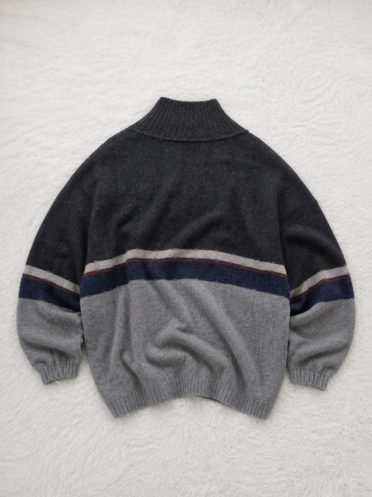 Maglione Quarter Zip Nero Grigio Rigato Vintage Y2K (XL) — foto 2