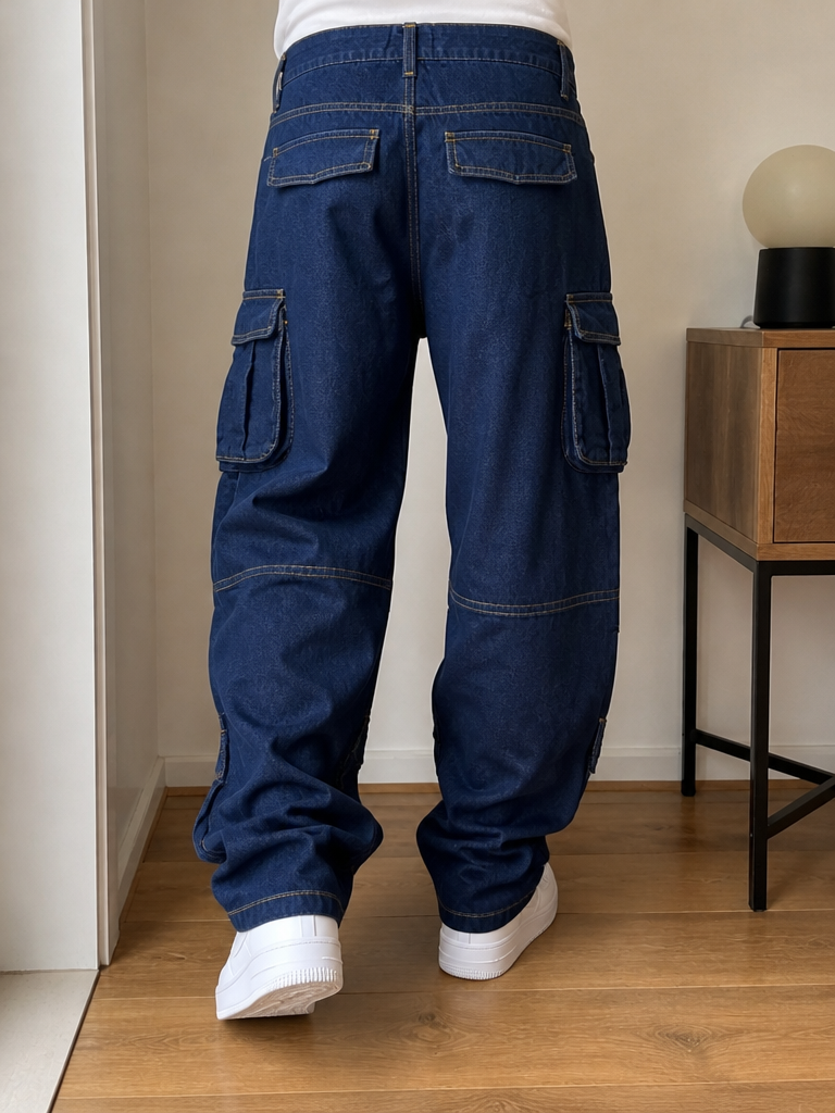 Pantaloni Cargo in Denim Blu Scuro Vintage Y2K (46) — foto 1