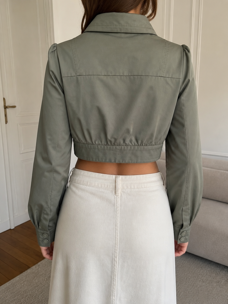 Giacca corta Betsey Johnson Colletto ampio Bottoni Verde oliva tendente al grigio Vintage Y2K (S) — foto 2