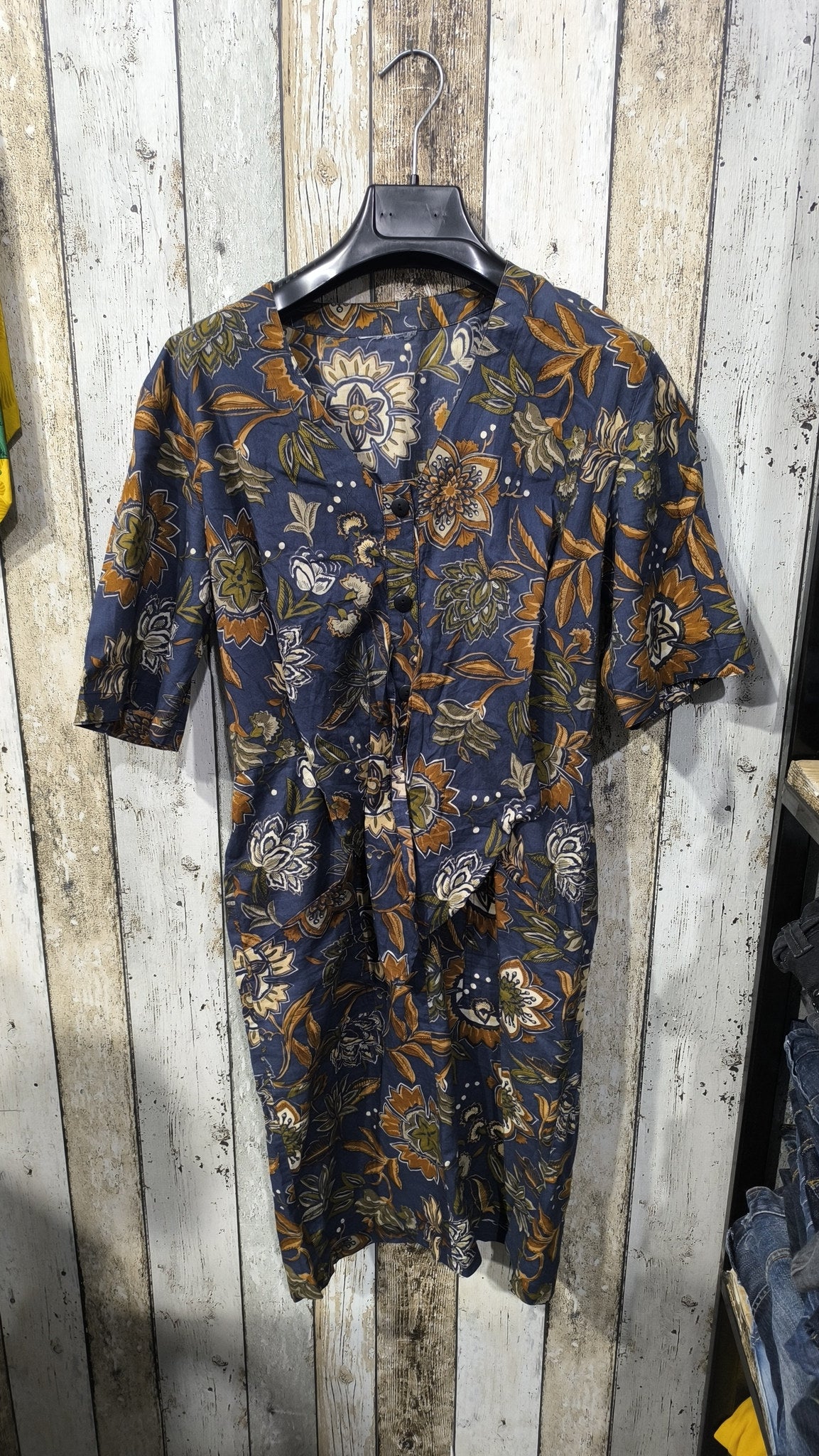 Tuta Maniche Corte Bottoni Floreale Blu Scuro Vintage Y2K (S) — foto 3