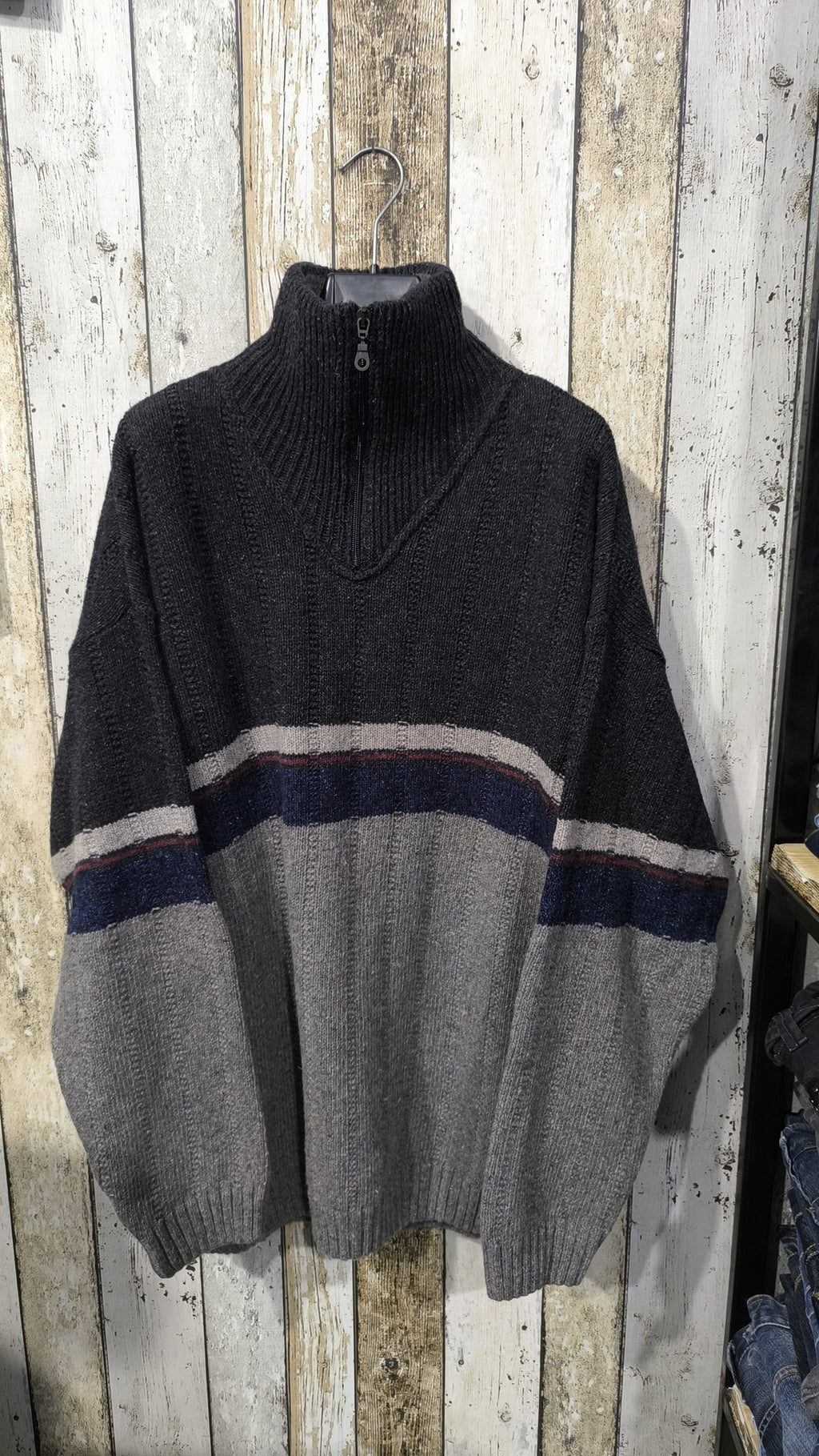 Maglione Quarter Zip Nero Grigio Rigato Vintage Y2K (XL) — foto 3