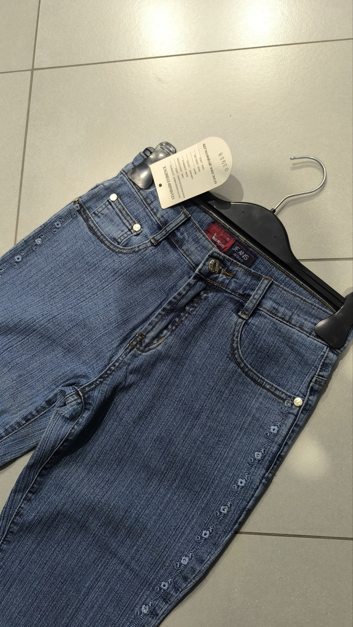 Jeans a gamba ampia Wrangler blu denim floreali strass Vintage Y2K donna (XS) — foto 4