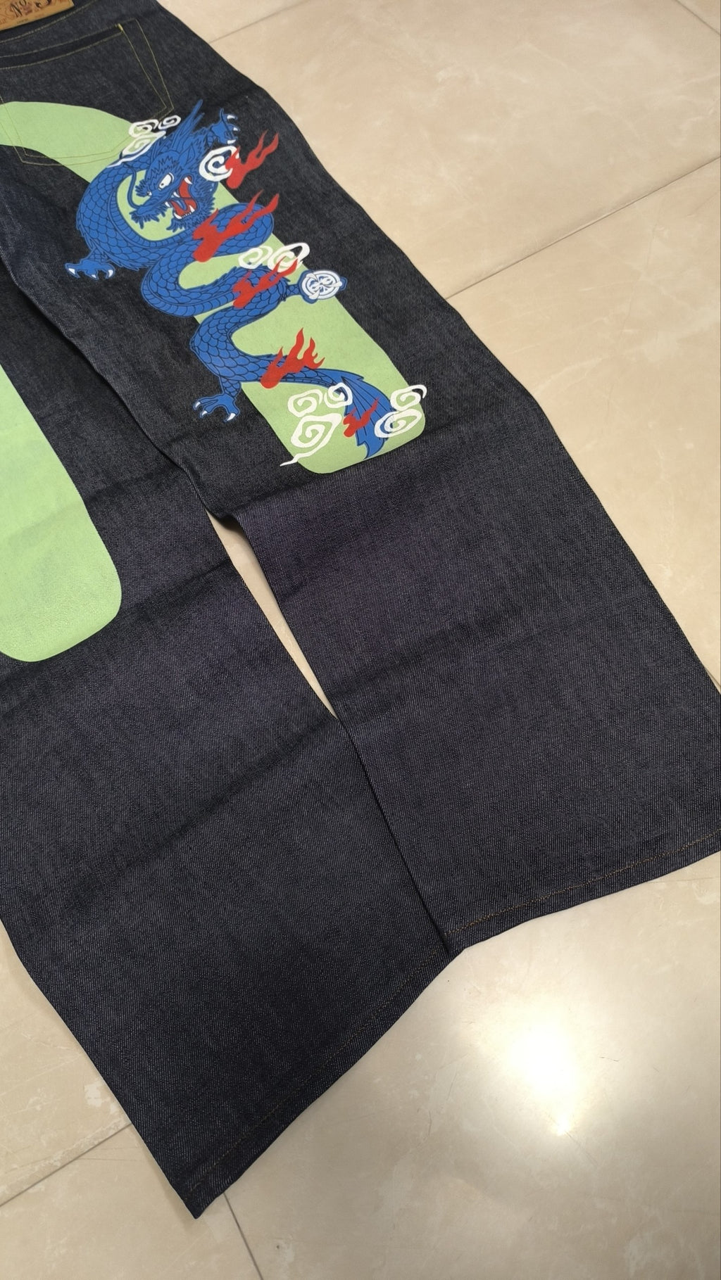 Denim Pantaloni Vintage Y2K Blu Scuro Verde Rosso Drago Stampa (L) — foto 5