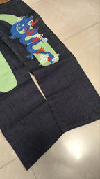 Denim Pantaloni Vintage Y2K Blu Scuro Verde Rosso Drago Stampa (L) — foto 5