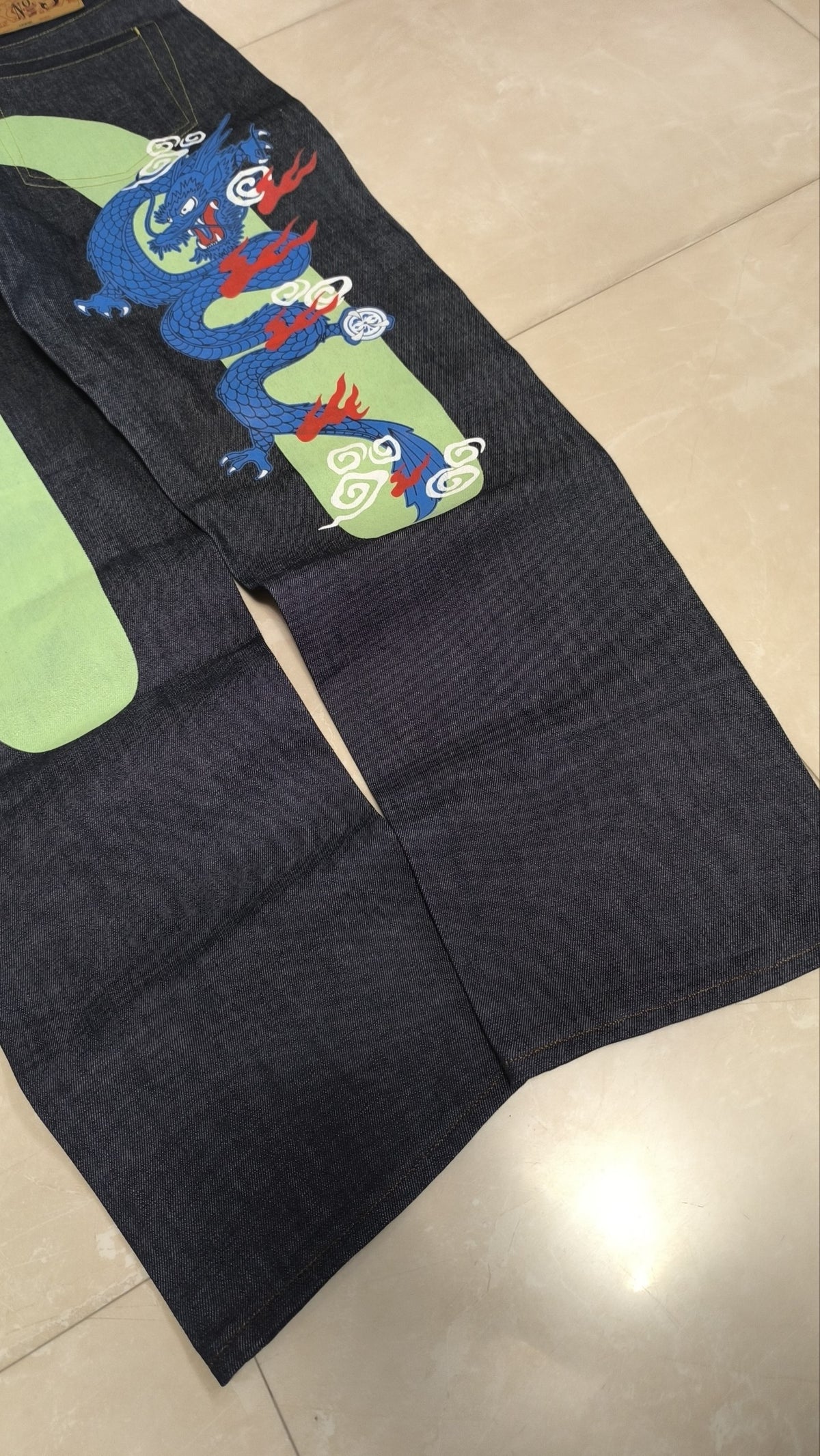 Denim Pantaloni Vintage Y2K Blu Scuro Verde Rosso Drago Stampa (L) — foto 5