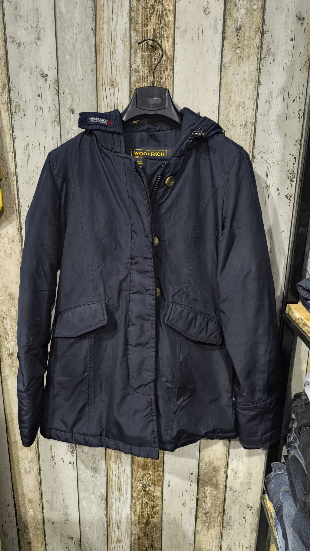 Woolrich Giacca Donna Blu Scuro Cappuccio Bottoni Cerniera Vintage Y2K — foto 3