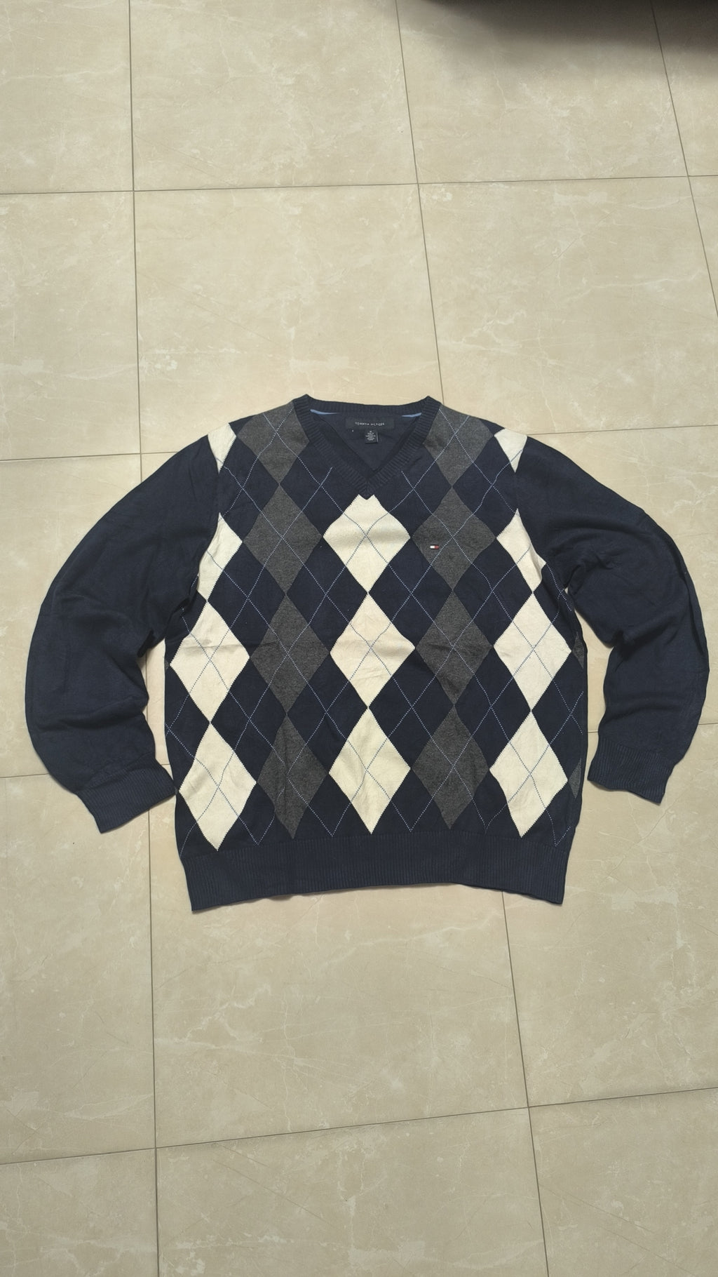 Maglione Tommy Hilfiger Scollo a V Argyle Blu navy Vintage Y2K (M) — foto 3