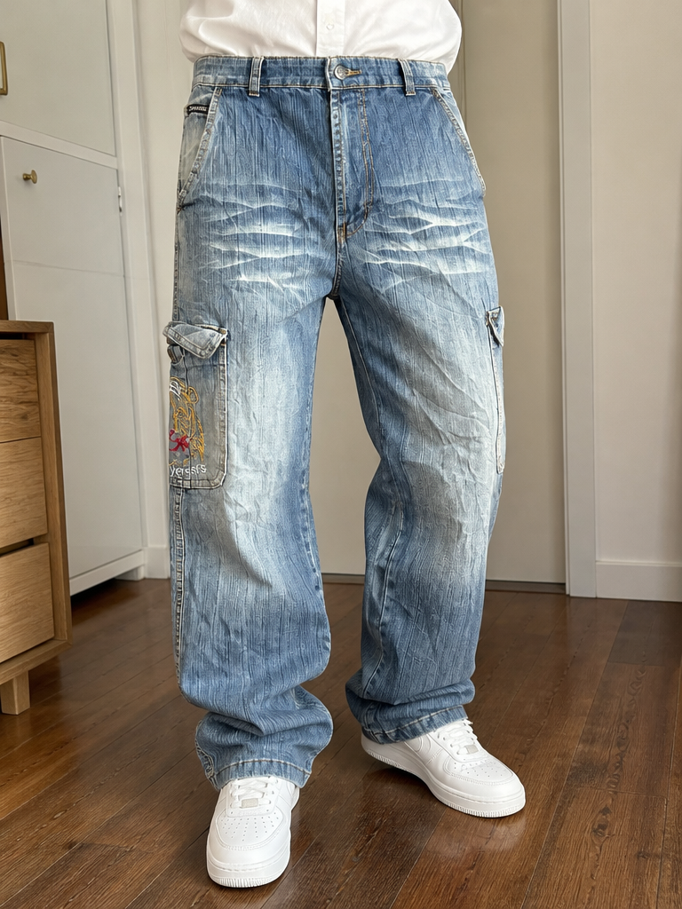 Jeans Cargo Cygress Blu Denim Lavato Tasche Applicate Vintage Y2K (2L) — foto 2