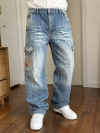 Jeans Cargo Cygress Blu Denim Lavato Tasche Applicate Vintage Y2K (2L) — foto 2