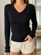 Maglione Polo Ralph Lauren Scollo a V Nero Trecce Logo Viola Vintage Y2K (XS) — foto 1