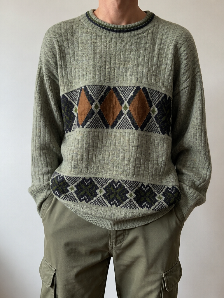 Maglione Verde Oliva Motivo Geometrico Vintage Y2K (L) — foto 1