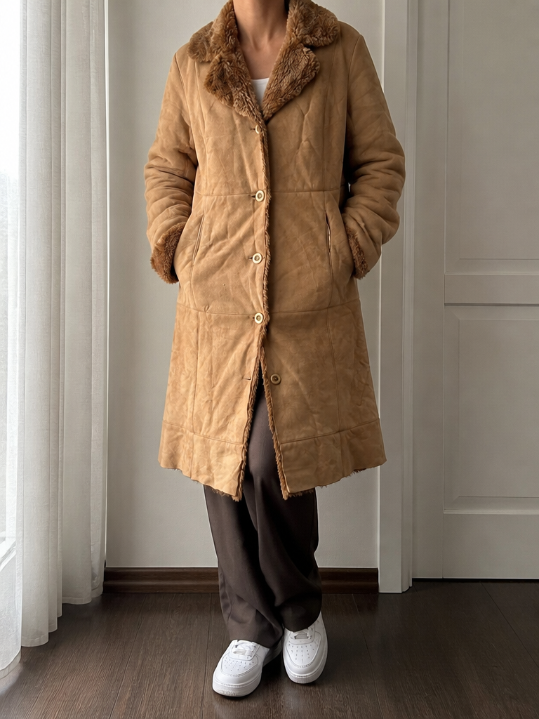 Cappotto lungo effetto montone Effetto suede Camel Beige Vintage Y2K (S) — foto 1