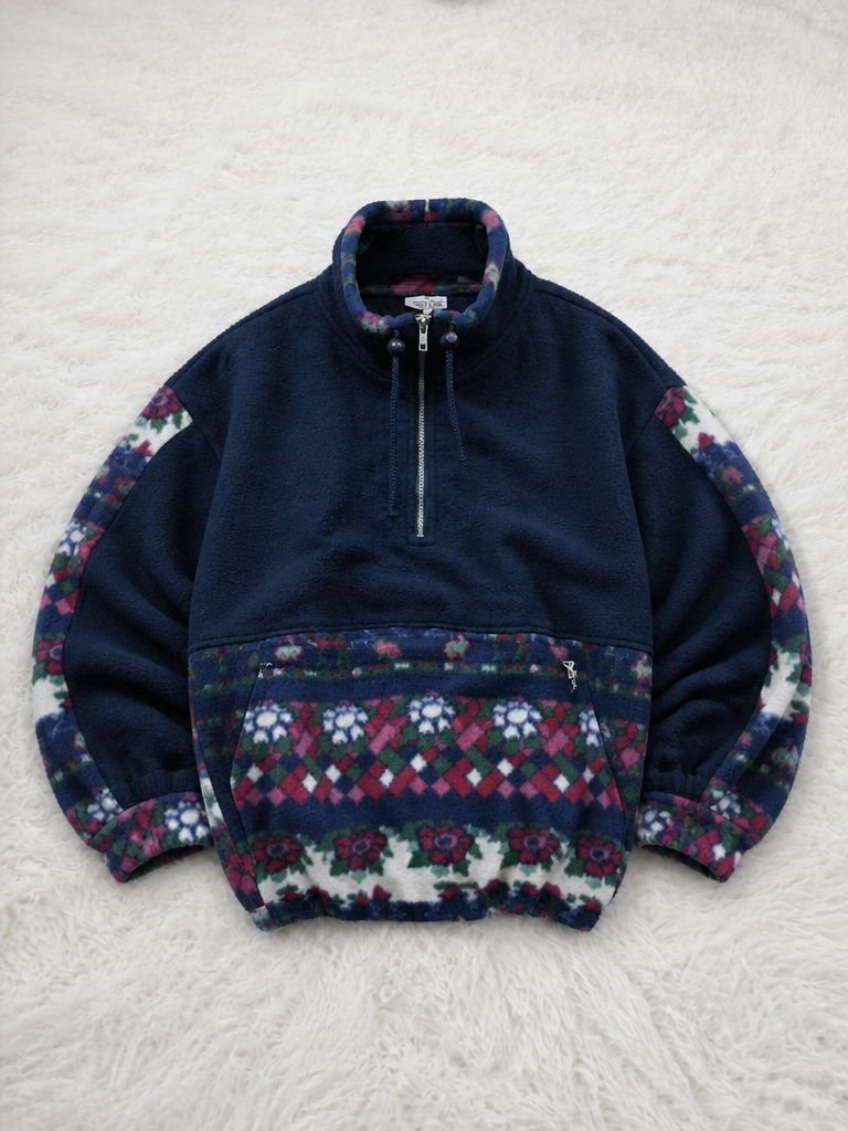 Pile Quarter Zip Marcel Clair Blu Navy Floreale Geometrico Vintage Y2K (S) — foto 1