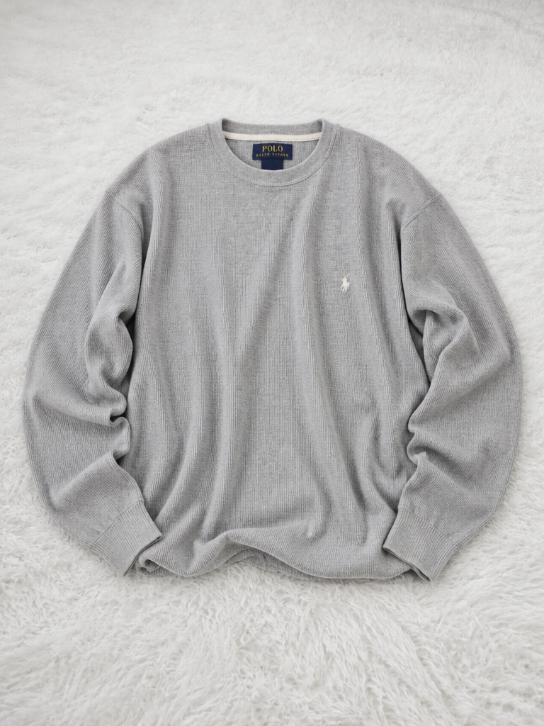 Felpa Girocollo Polo Ralph Lauren Rilievo Waffle Grigio Chiaro Melange Vintage Y2K — foto 1