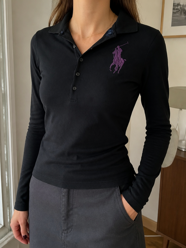 Polo manica lunga Ralph Lauren The Skinny Polo Nero Logo viola Vintage Y2K (XS) — foto 1