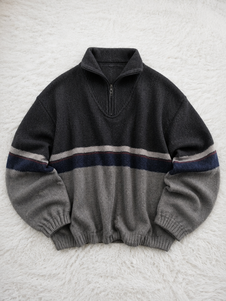 Maglione Quarter Zip Nero Grigio Rigato Vintage Y2K (XL) — foto 1
