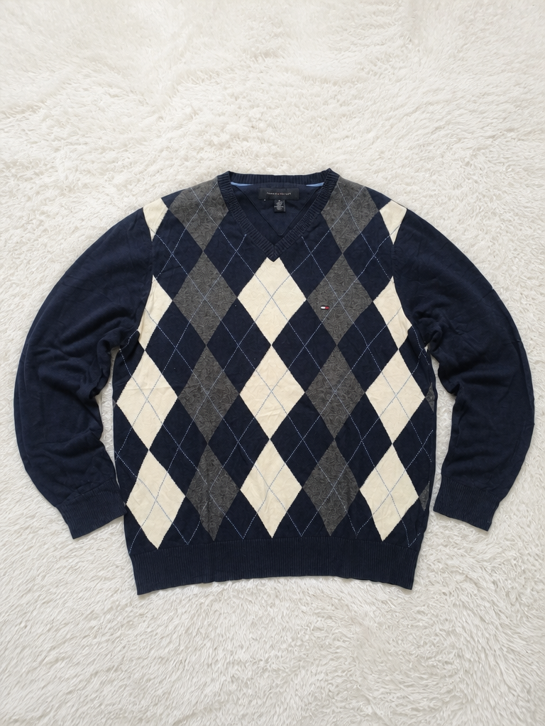 Maglione Tommy Hilfiger Scollo a V Argyle Blu navy Vintage Y2K (M) — foto 1